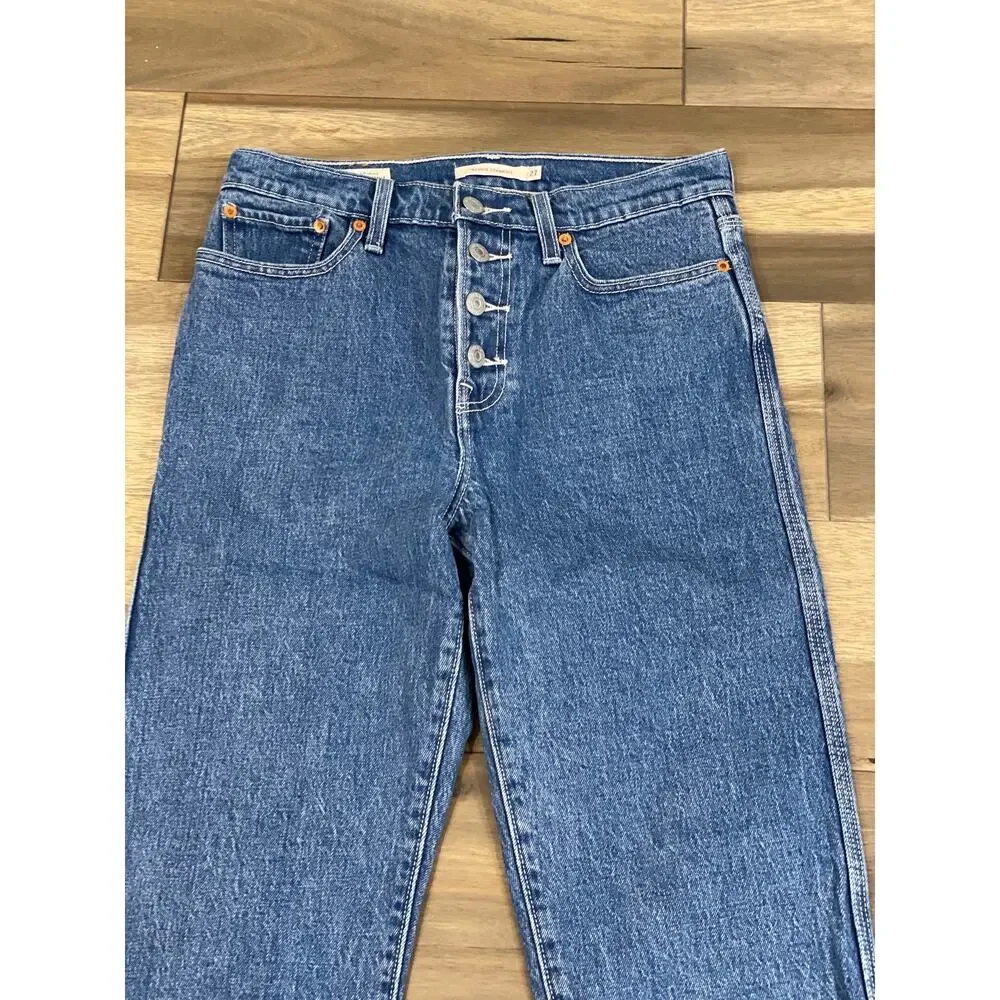 Levi’s Premium Wedgie Straight Cropped High Rise Button Fly Raw Hem Cotton Denim